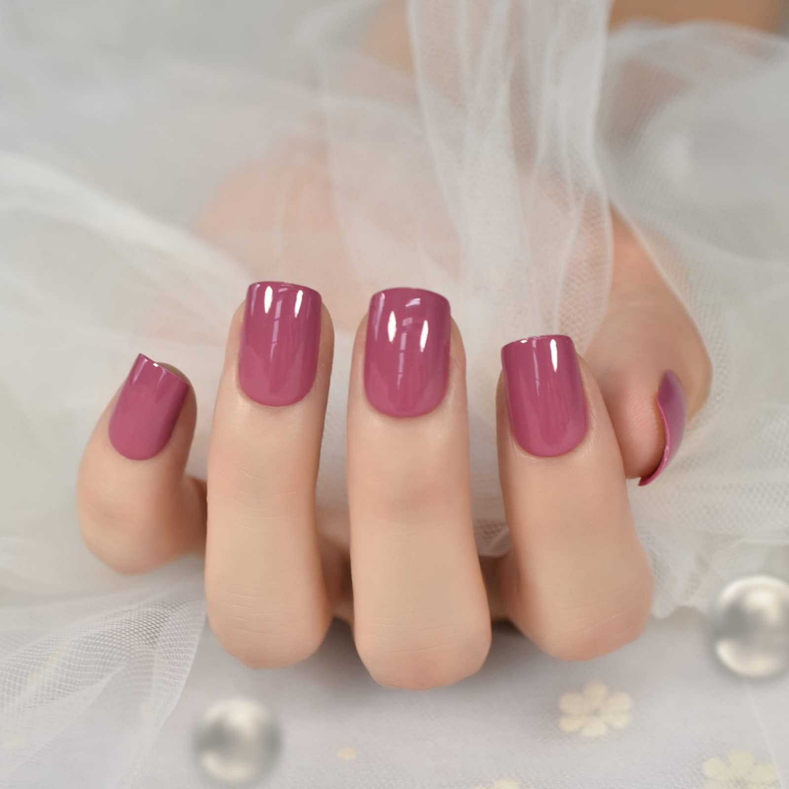 Pretty Rose Pink Square Press On Nails – Short Full Cover Reusable Acrylic 24pcs