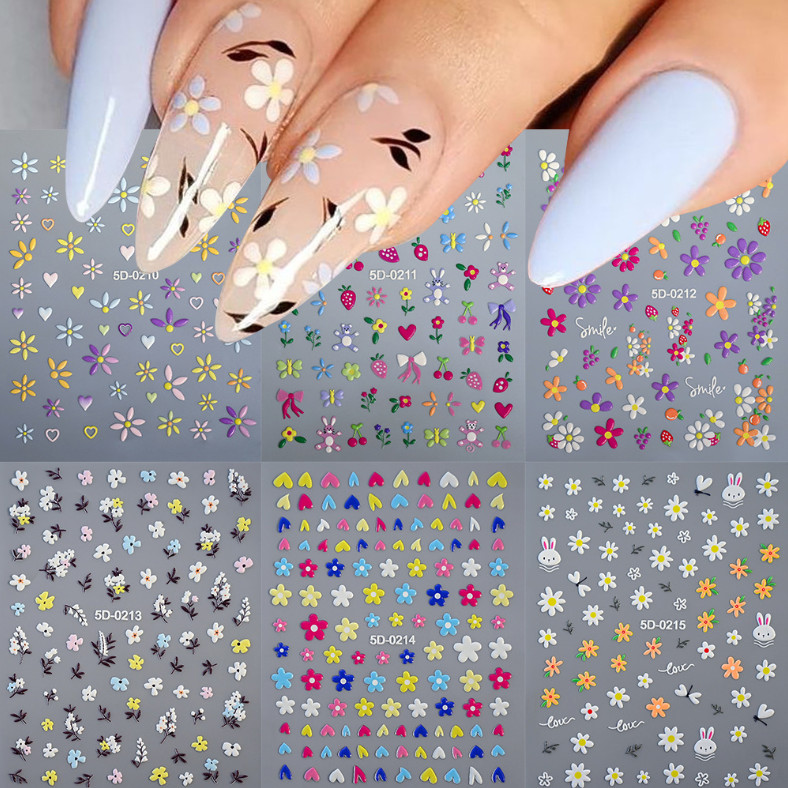 5D Embossed Nail Stickers Daisy Heart Flower Bow Engraved Adhesive Peel NH27