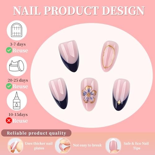 Medium Press on Nails Almond Flower Blue French Tip Blue Gold Flower Style