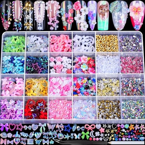 FAMDAMEI 24 Grid Nail Charms, white pink flower/colorful bow/sequin/clear pearl