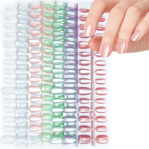 210pcs Cat Eye Press on Nails – 7 Colors Macaroon Short Square Fake Nail