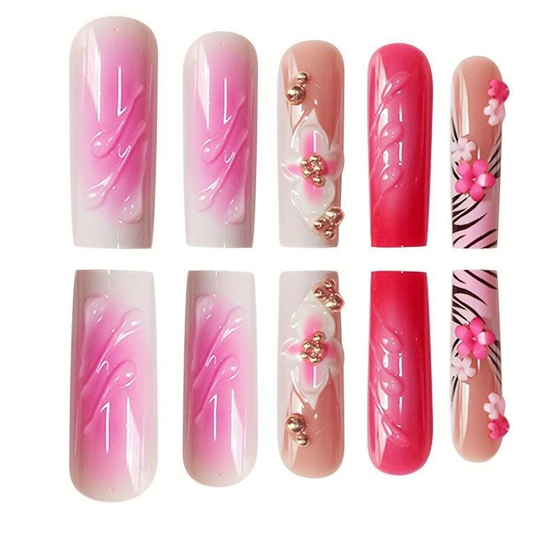 Long Pink Square Press on Nails 3D Wave Floral False Nails Wholesale