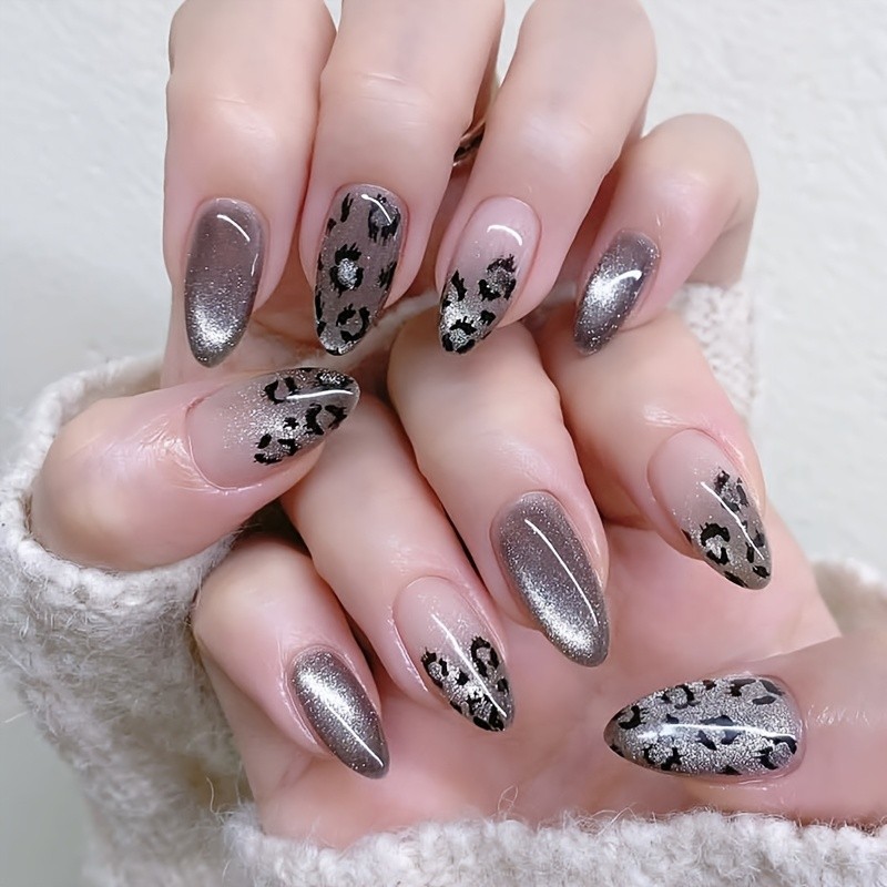 48Pcs-Medium Almond Silver Cat Eye Gradient Black Leopard Print Press on Nails