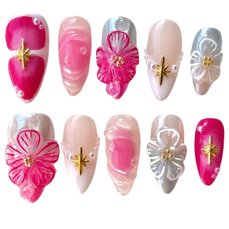 Handmade Medium Almond Fake Nails Pink Blue Ombre 3D Flower Starburst Pearl