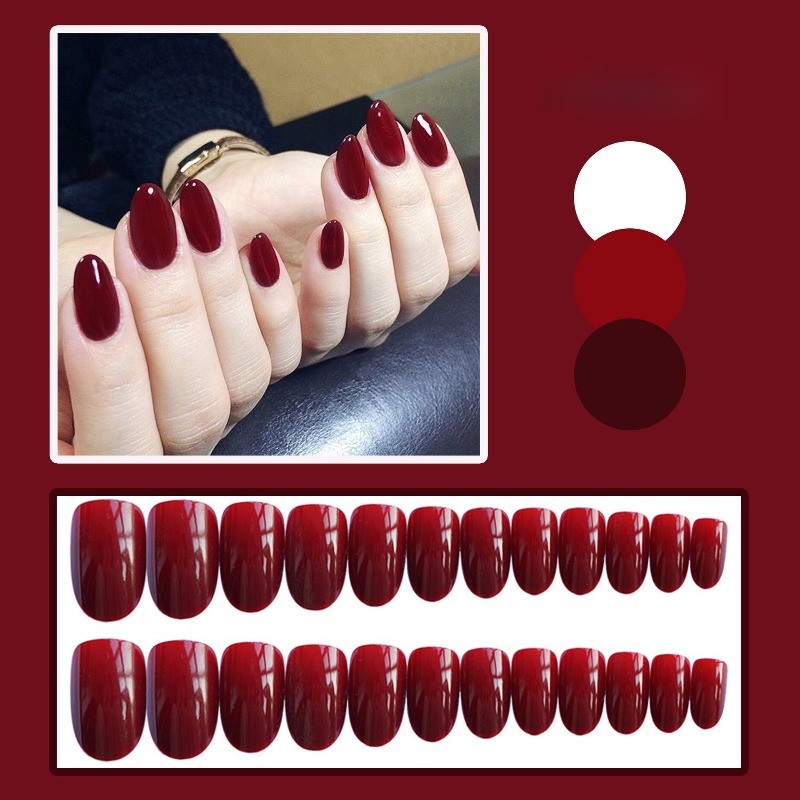 48pcs-Medium Almond Press on Nails, Glossy Burgundy Red Solid Color Fake Nails
