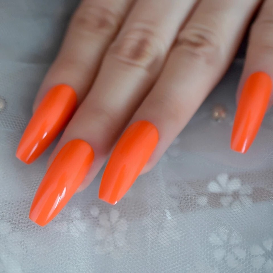 24 Bright Neon Long Press on nails glue 80s rave miami Pink orange blue green