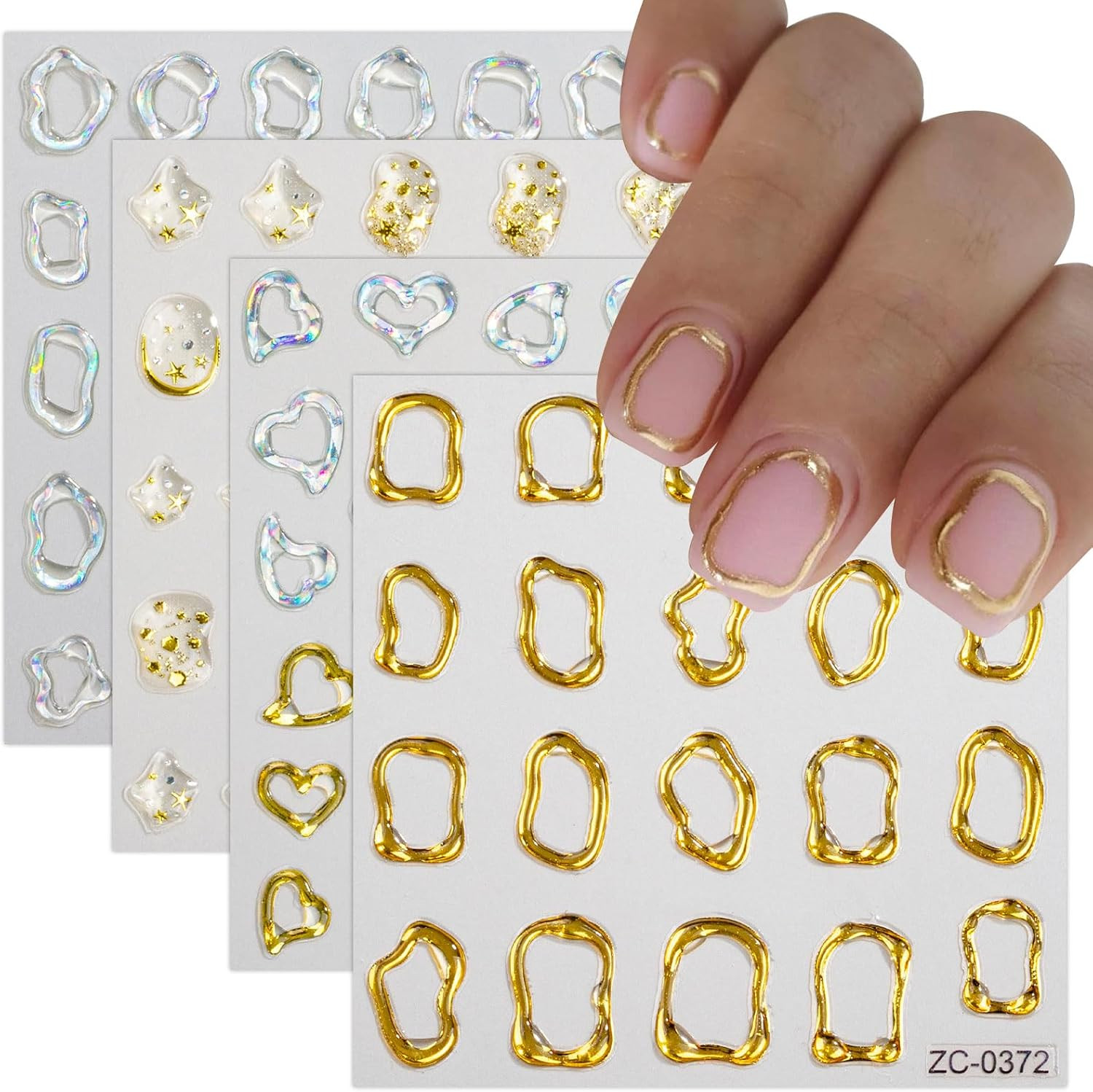 6 Sheets 3D Embossed Gold Irregular Geometric Nail Art Stickers Decals Self