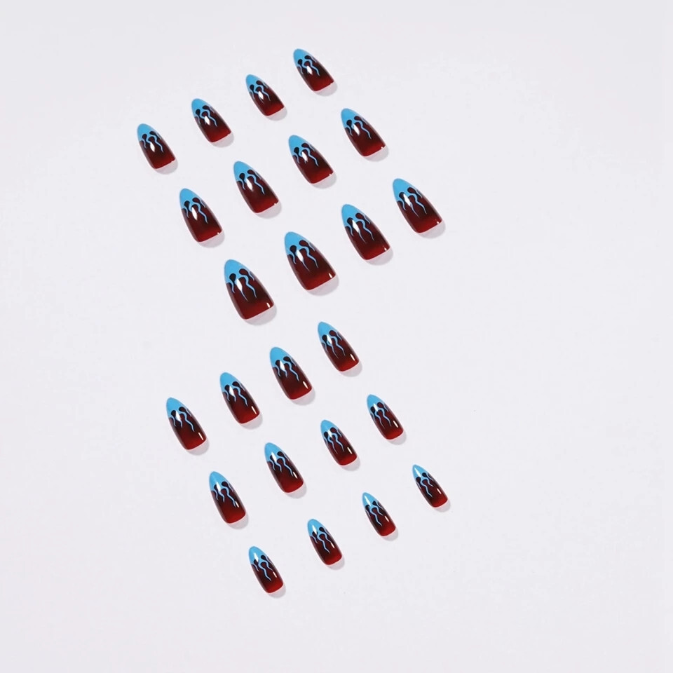 24 Press on nails kit w glue Blue flame french maroon dark almond stiletto goth