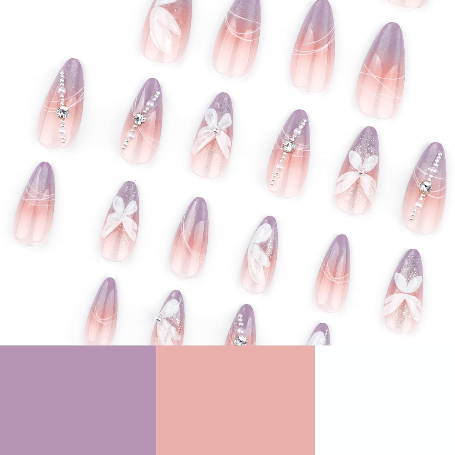 Almond Press on Nails Medium – Ombre Purple Fake Nails with Flower Butterfly Des