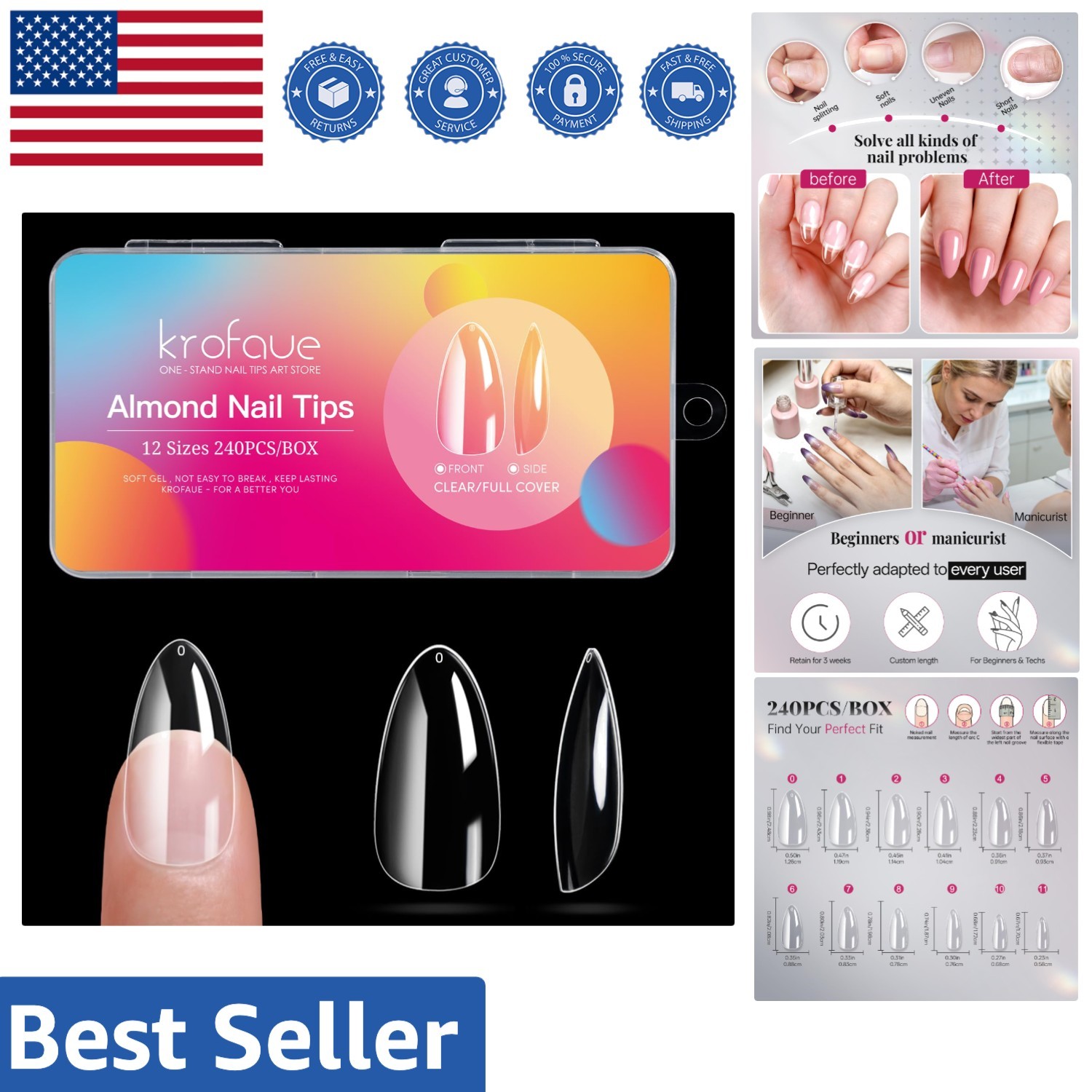 Soft Gel Almond Nail Tips – 240Pcs in 12 Sizes for Flawless Home DIY Art