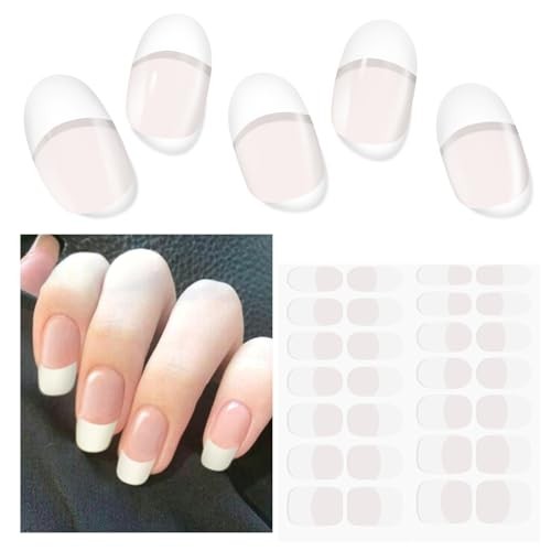 Semi Cured Gel Nail Strips, 28 pcs French Tip Gel Nail Stickers for Women Work