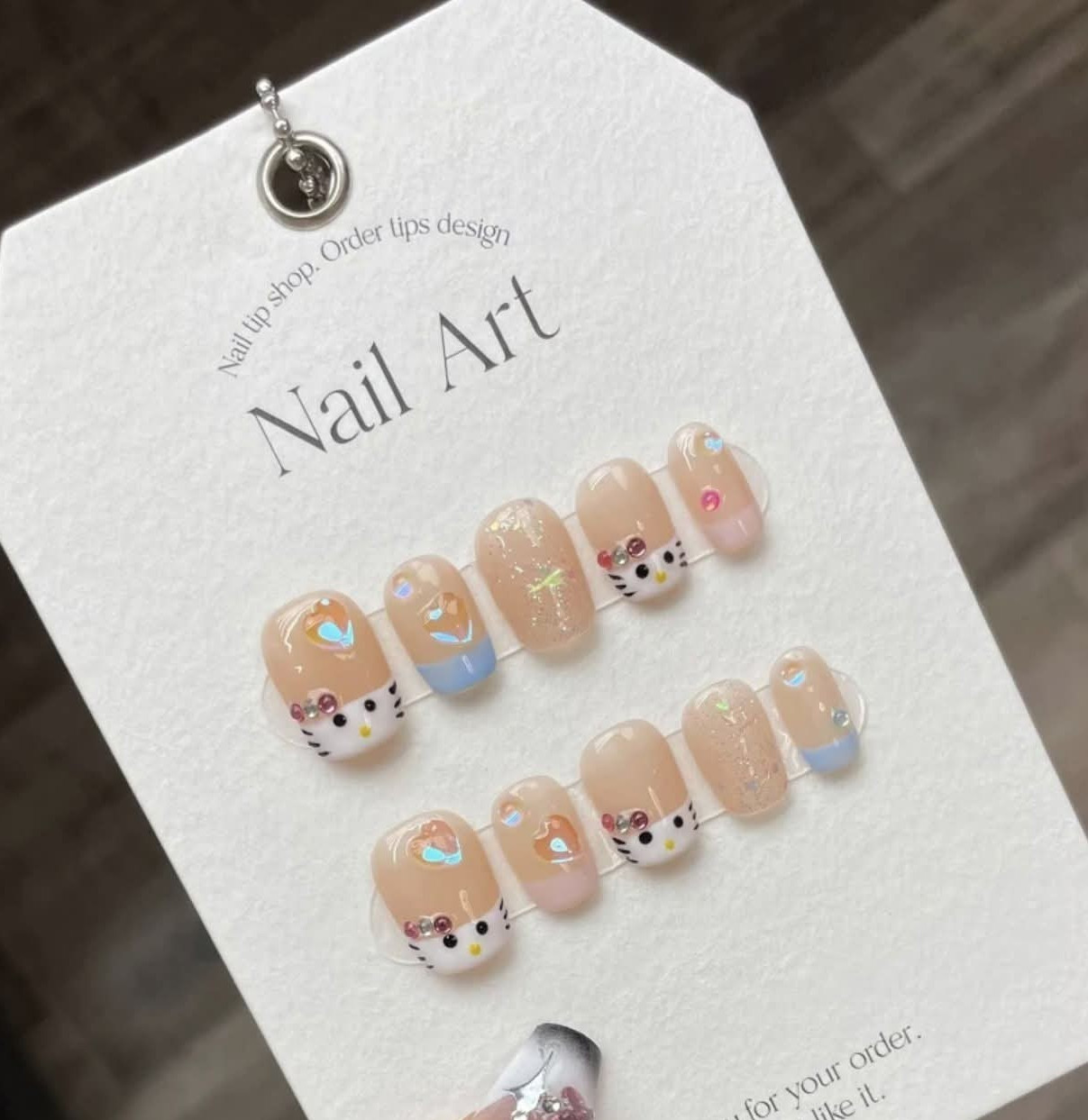 Cat Theme Glitter Beige & Blue Square Short Full Cover Press-On Nails Set