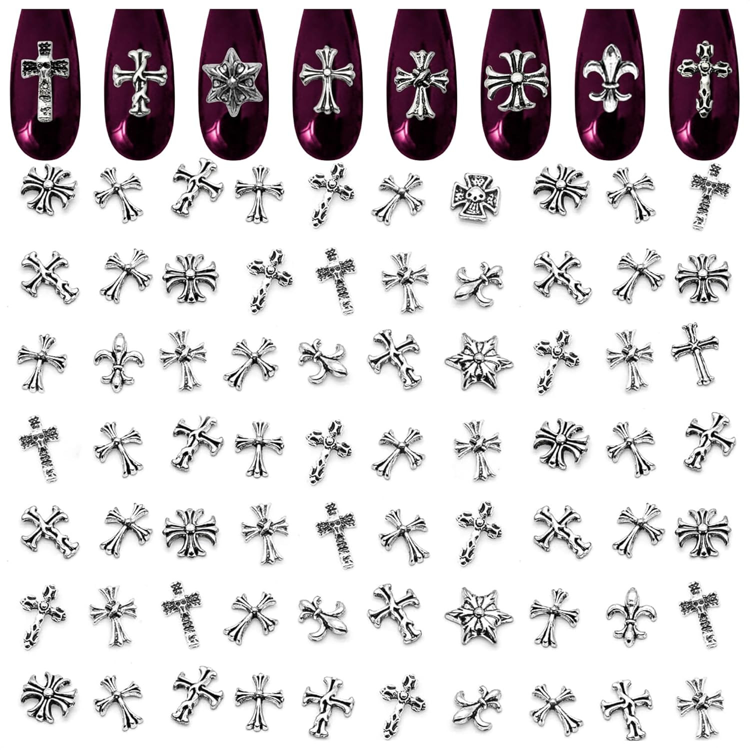 120pcs Silver Cross Nail Charms Y2K Gothic Chrome for Press-On & Nail Art