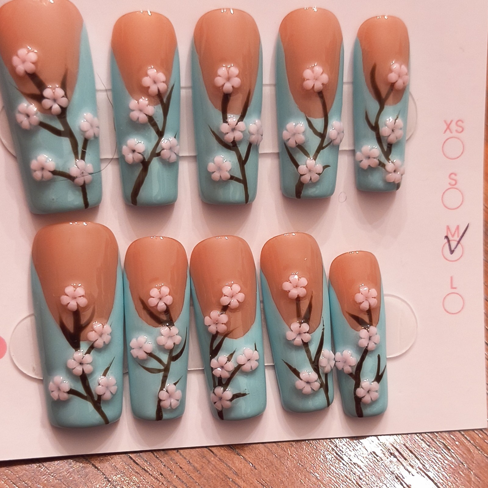Press-On Nails Medium Square Blue Nude Pink Brown Shiny 3D Floral Pre-Designed