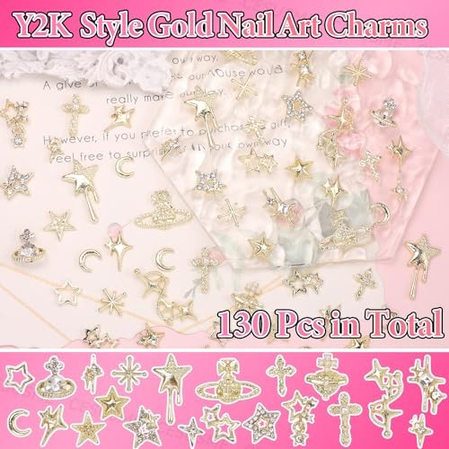 130 Pcs Alloy Gold Star Cross Nail Charms, 21 Styles 3D Y2K Metal S2-golden
