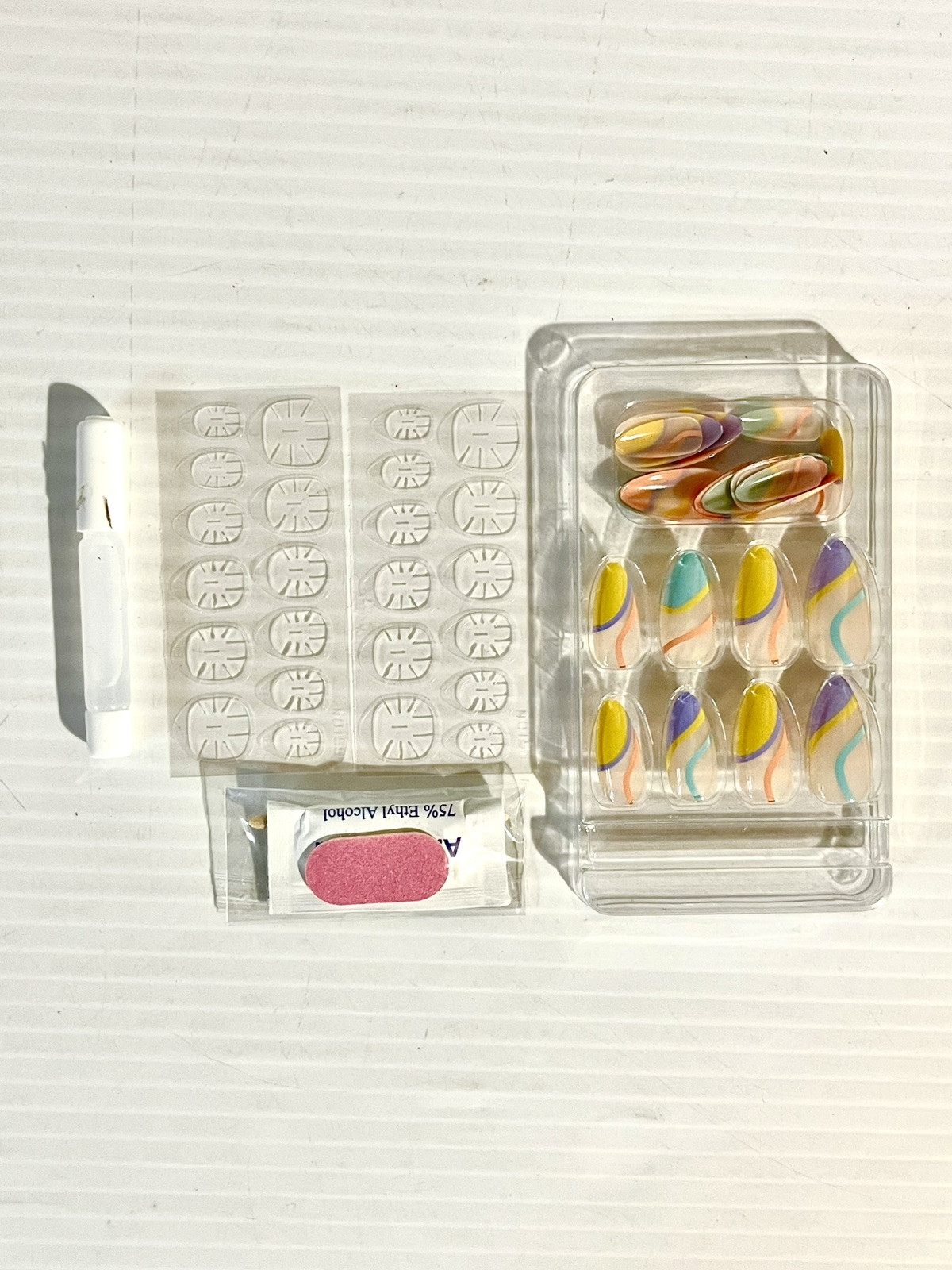 Press On Nails Medium Almond Shape Designer Nails Blue/Yellow/Purple Retro Swirl