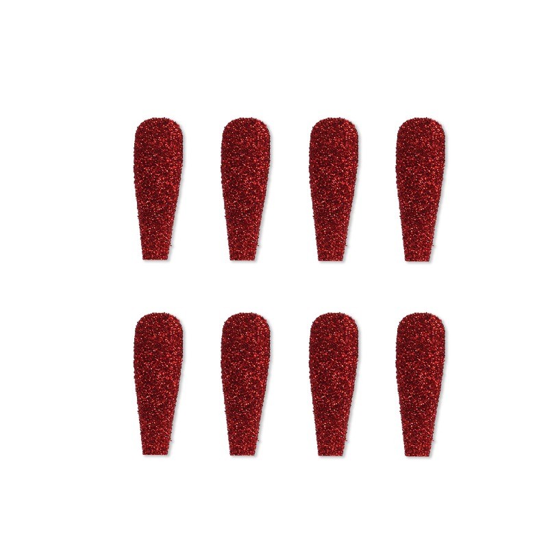 48Pcs-Red Glitter Press on Nails Long Coffin Nail Art Sparkly Solid Color