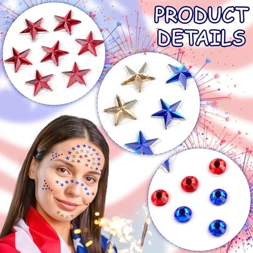 4th of July Star Face Gems, Self-Adhesive Face Jewels for Women, Red Blue star