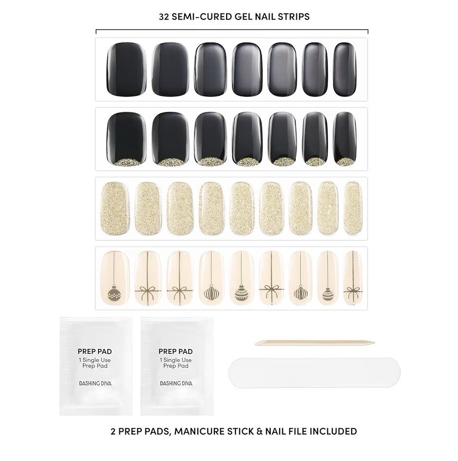 Dashing Diva Glaze LED Semi-Cured Gel Nail Strips Old Gold Holiday 14 Days Black