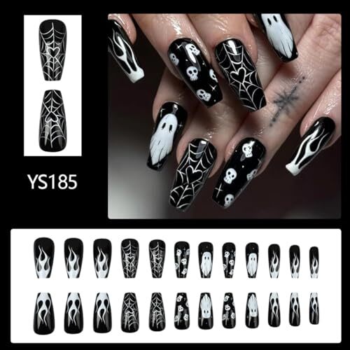 Black Halloween Press on Nails Square Long Fake Nails Ghost Flame C Nails 3