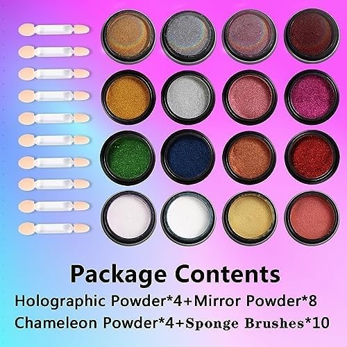 Set de Polvo Cromado para Uñas 16 Colores Efecto Metalizado y Holográfico