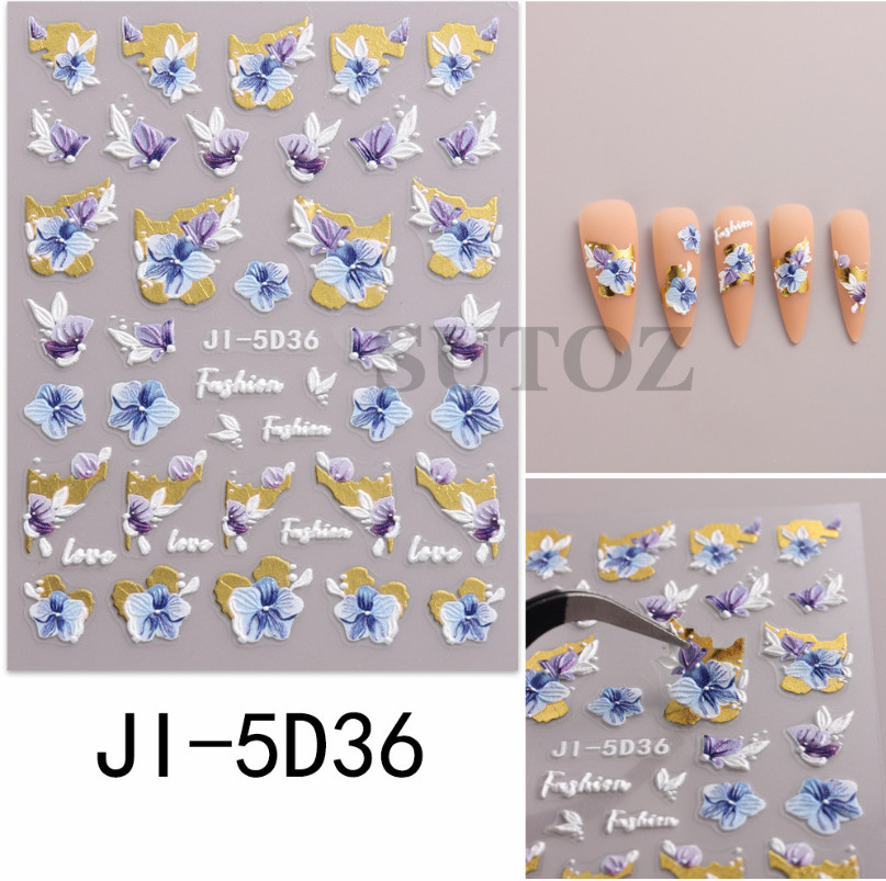 5D Embossed Blue Purple Butterfly Flower Cherry Love Nail Stickers Manicure NS54