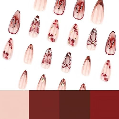 24Pcs Wine Red Cherry Press on Nails Medium Almond Fake Nails with 3D cherry