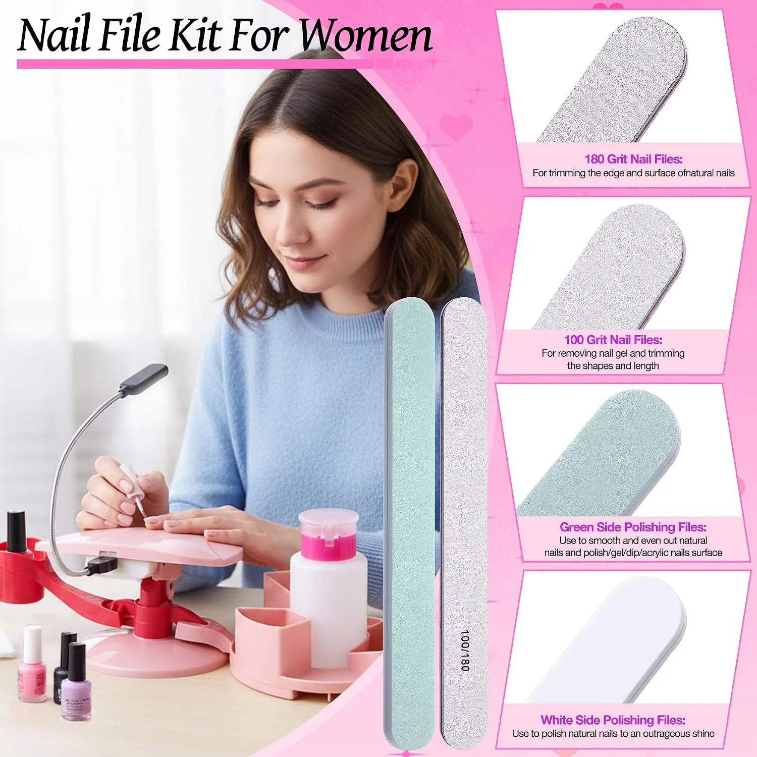 Nail Hand Rest Stand With LED 3 Piece Manicure Set Pink Adjustable Salon Station