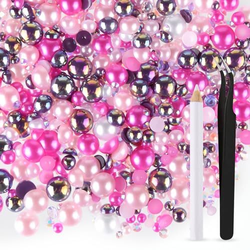 50g Mix Flatback Rhinestones Half Pearls for Crafts Mixed Size Rose Red Series