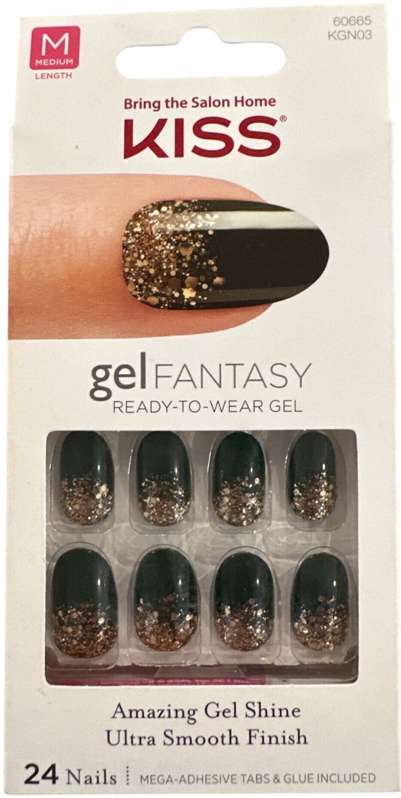 Kiss GEL FANTASY 24 Nails Medium Oval Glossy + Glitter Green + Gold Ultra Smooth