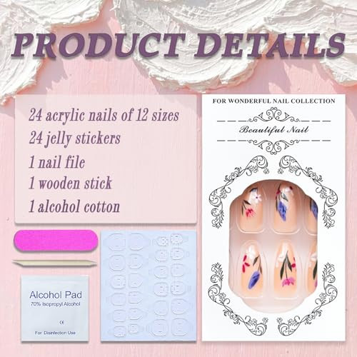 Flower Press on Nails Short Almond SWEKKE Nude Fake Nails False Almond Nails32
