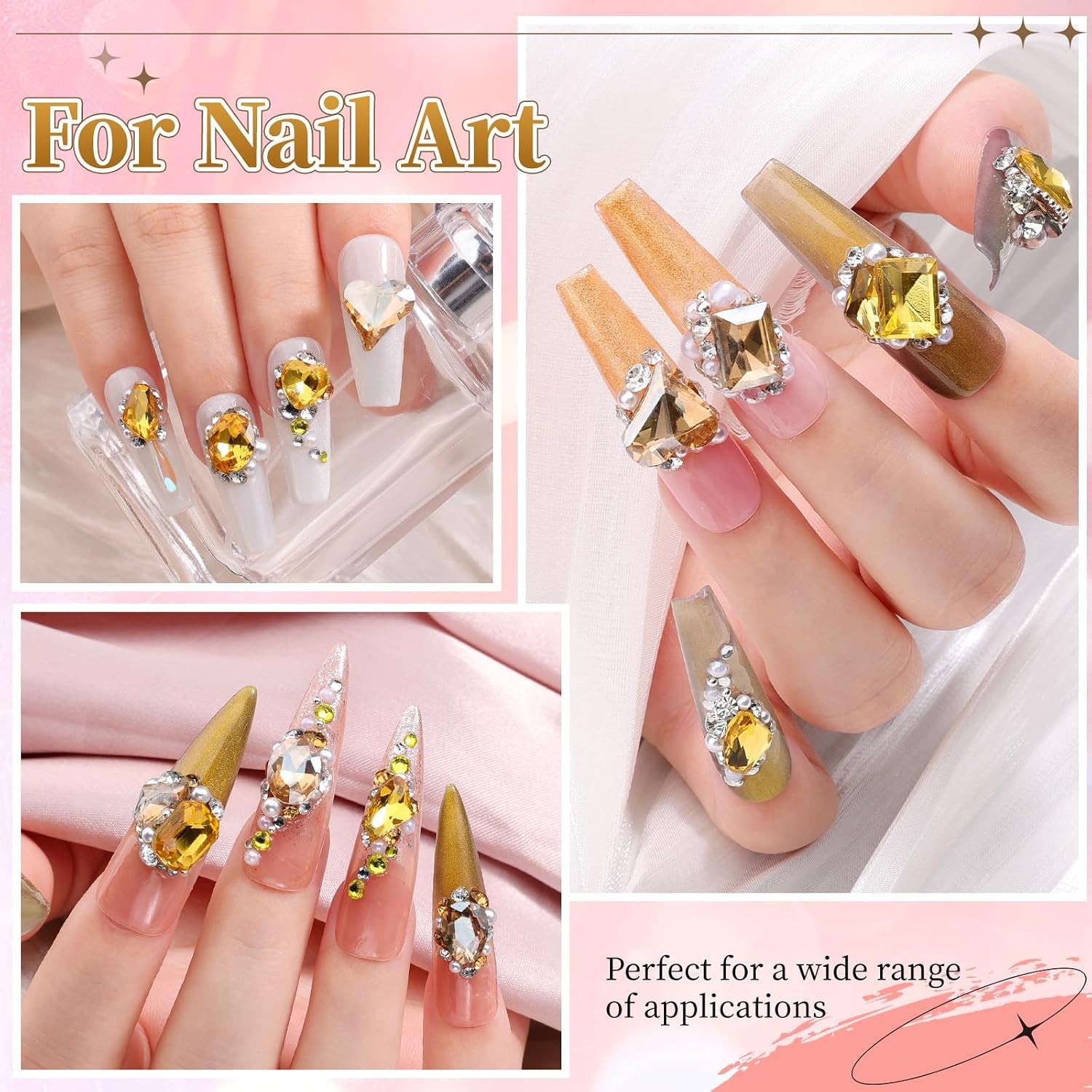 104PCS Glass Nail Gems, 3D Champagne Gold Nail Art Rhinestones for Women
