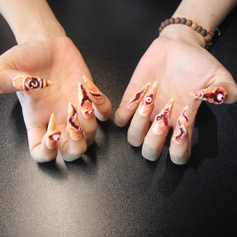 Flesh Wound Handmade Press on Nails Eyeball Piercing Scary Halloween Fake Nails