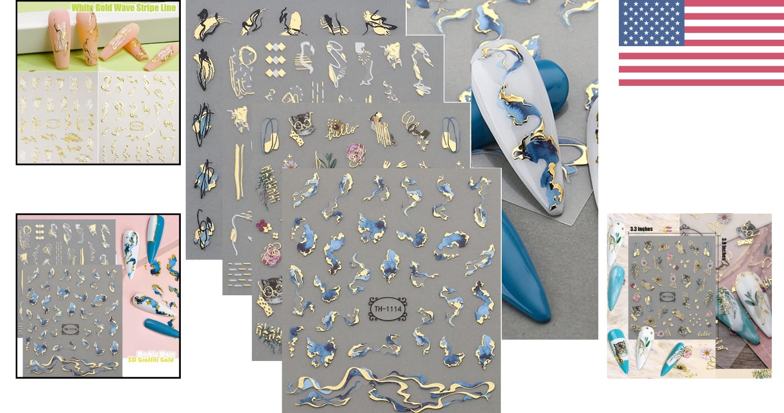 Chic 12 Sheet Nail Decals with Gold Stripe & Floral Patterns – DIY Decoration