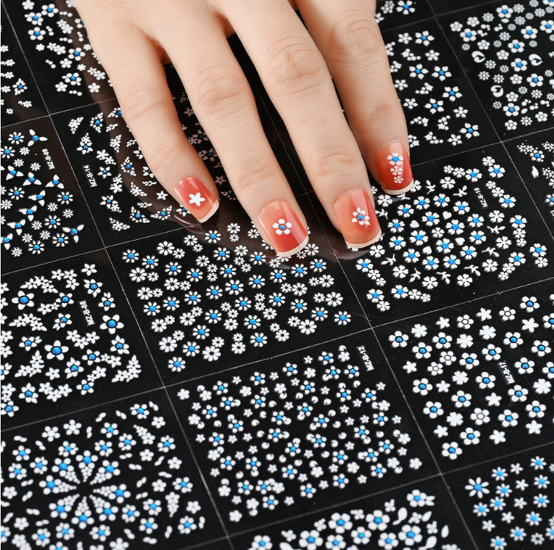 30PCS Nail Art Sticker Decal Blue Black Daisy Flower Lace Slider Manicure NS54