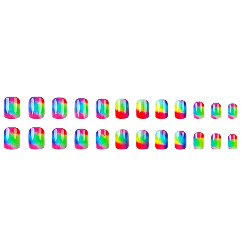 48pcs-Short Square Fake Nails, Bright Rainbow Ombre for Summer & Pride Events