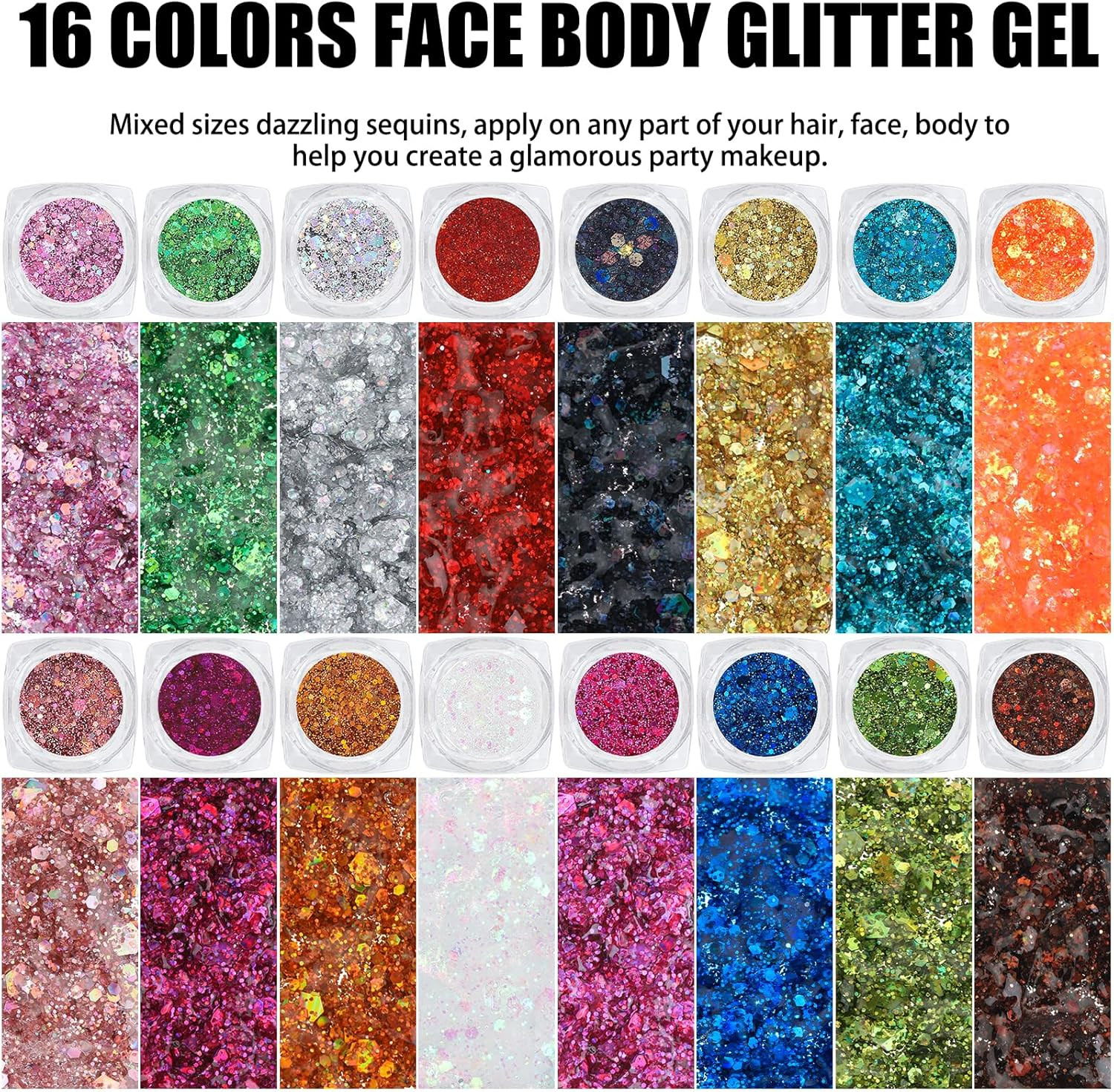 16 Colors Chunky Fine Mixed Holographic Glitter Gel Set for Face and Body Makeup