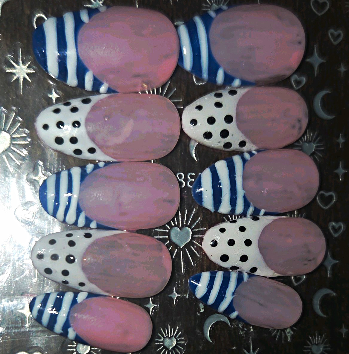 Pink Blue White & Black Glossy Pre-Designed Press-On Nails Short Oval Polka