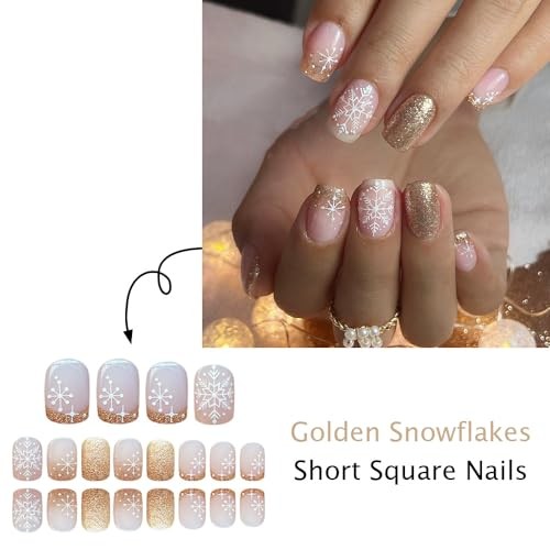 Short Square Press on Nails Winter Snowflake Acrylic Nails Glitter Gold Style 4