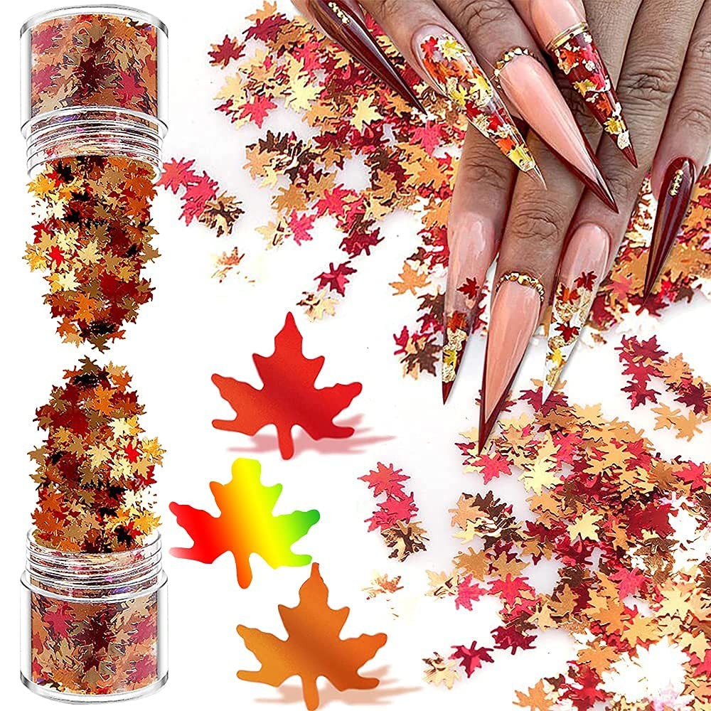 Holographic Glitters Fall Maple Leaf Shaped Nail Art Sequins Flakes 2 Pot, 3D…