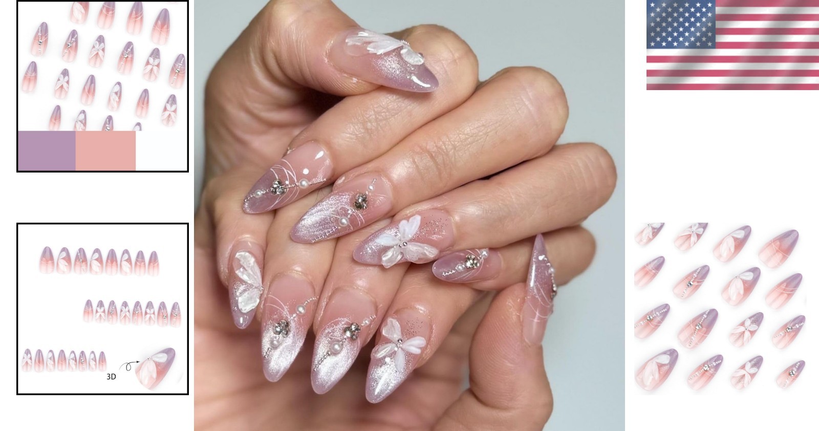 Full Cover Almond Press On Nails Purple with Easy Application and Reusable Glue