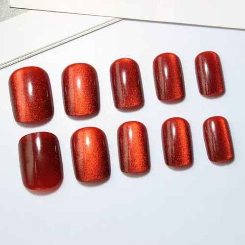 Red Cat Eye Press on Nails Square Fake Nails Bling Glitter Design Short Style-9