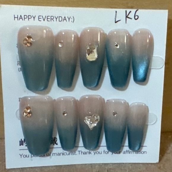 Teal Blue Ombre Cat Eye Press On Nails Long Coffin Rhinestone Heart Charm LK6