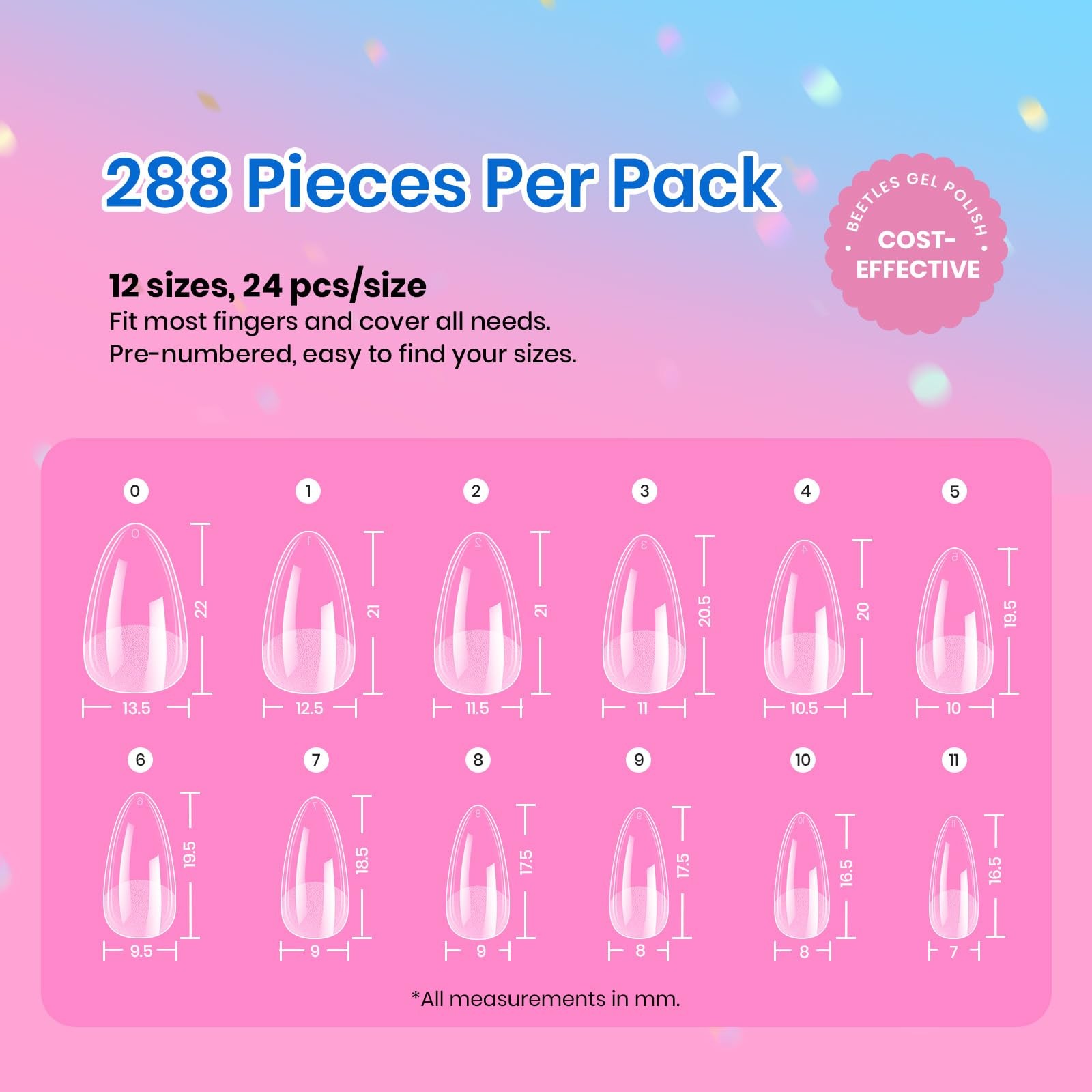 Beetles Soft Gel Nail Tips Short 12 Sizes, Almond 12 Sizes 288 PCS