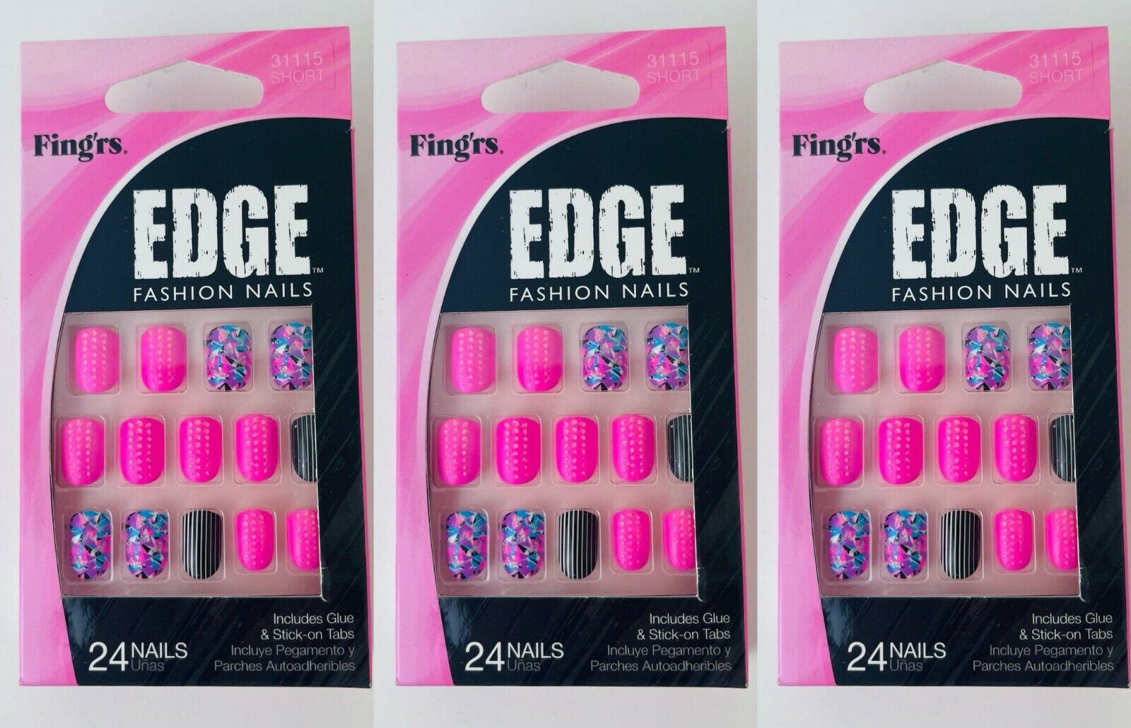 Set of 3 Fing’rs Edge Fashion Nails, W/ Glue & Stick-on, Short, 24 Nails – 31115