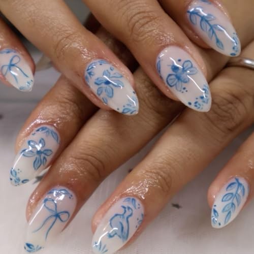 24Pcs Blue Flower Press on Nails Medium Almond Fake Nails Spring White Blue