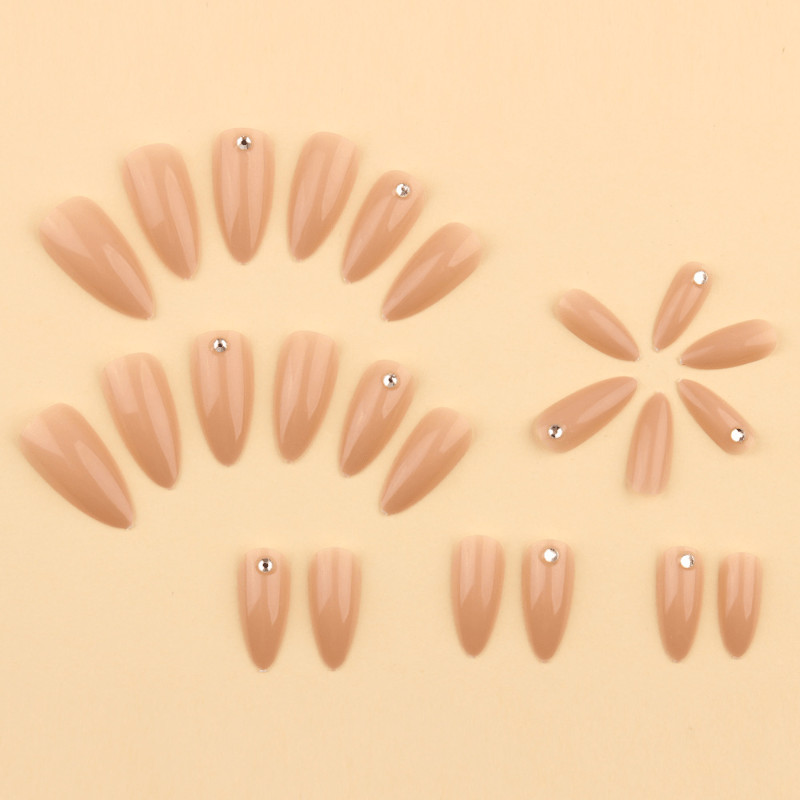 48pcs Almond Press on Nails, Nude Clear Glitter Single Rhinestone Plain Nails