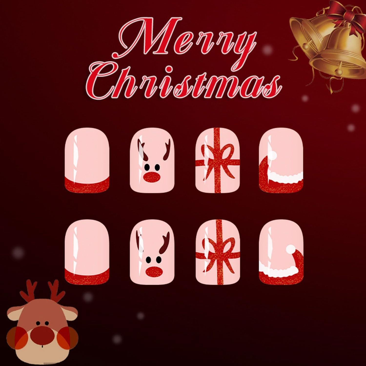 24 Pcs Short Square Press on Nails Christmas Nude Pink Nails Press Ons Red Fr…