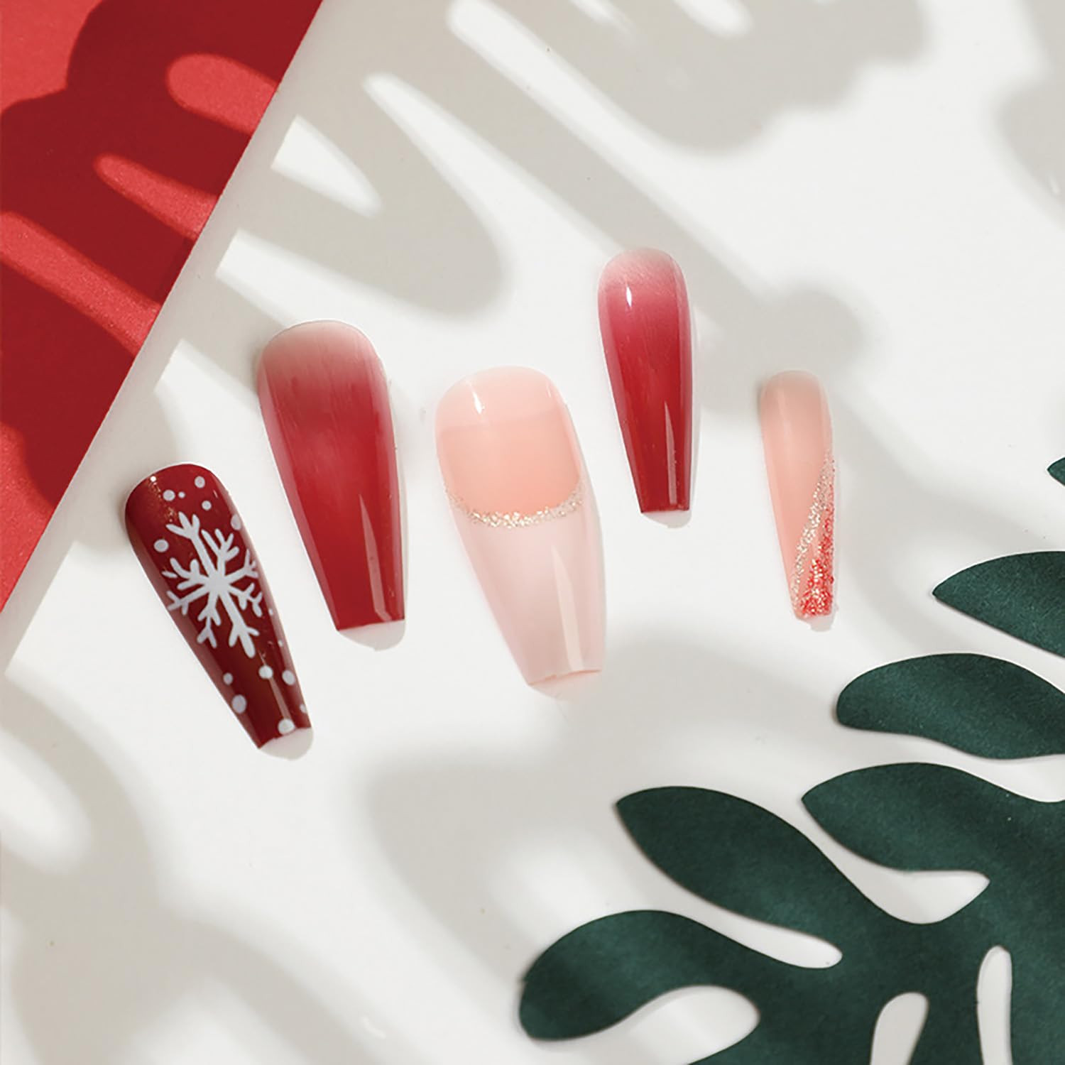 Christmas Artificial Fake Nails, Press on Nails Square Long Length, 24Pcs Glossy
