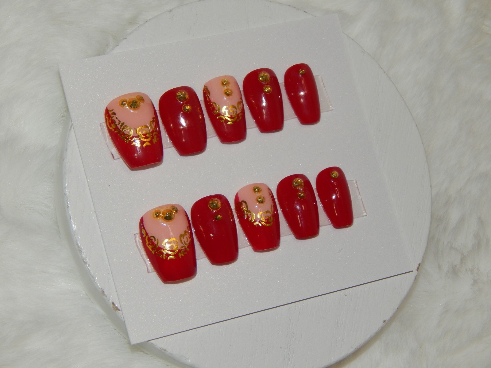 Luxury Handmade Press-On Nails I Reusable I Gold Roses & A Hint I Coffin l Short
